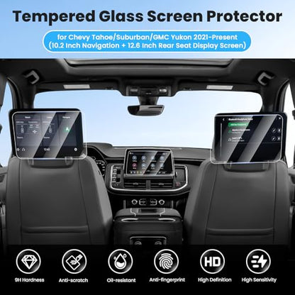 Canvcle 3PCS Screen Protector for 2021-2025 2026 Chevy Tahoe/Suburban/GMC Yukon 10.2 Inch Navigation and 12.6 Inch Rear Seat Touch Screen, 9H Tempered Glass Radio Display Screen Cover Protective Film - size: 2021-Present Chevy Tahoe/Suburban/Yukon 3PCS
