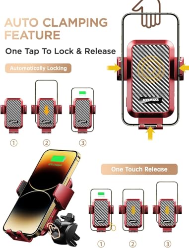JOYMASS Wireless Car Charger, Phone Holders for Your Car, 15W Auto Clamping Phone Mount Car Accessories for iPhone 16 15 14 13 12 Mini Pro Max 11, Samsung Galaxy S24 Ultra S23 S22+ Note 20, etc - Red - color: RED