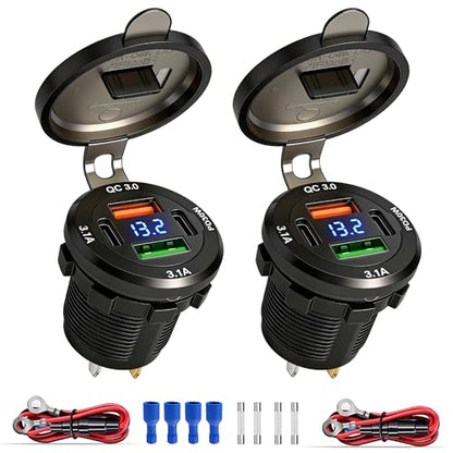Qidoe 2Pack 12V-40V USB Outlet with Voltmeter, High Voltage 66W 4 Port Dual USB C PD 30W & Dual QC3.0, Waterproof Car Charger for RV Boat Marine Truck Car