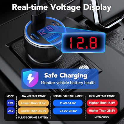 Car Charger USB C Fast Charge, 4 Port 78W Metal Car Phone Charger with Voltmeter, 2 USB-C & 2 USB-A Cigarette Lighter USB Charger Adapter for iPhone 17 16 15 Pro Max, Galaxy S26 S25, iPad - color: Black
