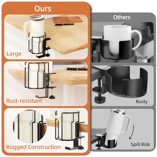 Large Desk Cup Holder, 2-in-1 Clip On Cup Holder with Headphone Hook, Heavy-Duty Metal Drink Holder for Insulated Tumblers, Big Water Bottles, Fits Office Desk Organizer, Dorm, Gaming Setup (2 Pack) - color: Black- 2 Pack