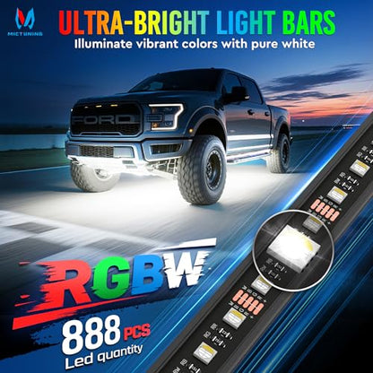 MICTUNING U8 RGBW Underglow LED Light Bars (8-Piece Kit) 888 Ultra-Bright LEDs, Dual Remotes, White+RGB Colors, IP68 Waterproof Aluminum Housing – for Cars, Trucks, SUVs, ATVs - size: RGBW & 2 Remote