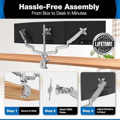 Mount-It! Triple Monitor Mount with Gas Spring Arms, Fits 24–32 Inch Screens, USB & Audio Ports, Full Motion Desk Stand with Tilt, Swivel & Rotation, Heavy Duty Silver 3 Screen Arm with Clamp - color: Silver