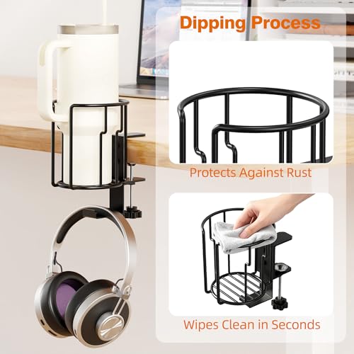 Large Desk Cup Holder, 2-in-1 Clip On Cup Holder with Headphone Hook, Heavy-Duty Metal Drink Holder for Insulated Tumblers, Big Water Bottles, Fits Office Desk Organizer, Dorm, Gaming Setup (2 Pack) - color: Black- 2 Pack