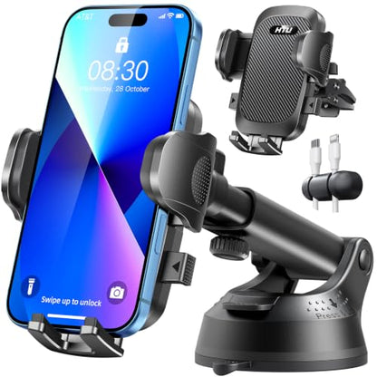 HTU Car Phone Holder【2026 Upgraded 100+LBS Suction & Safety Cert】 Cell Phone Car Mount for Truck Heavy Duty Phone Holder for Dashboard/Windshield/Vent for iPhone 17 16 Pro Max, Dark Black - color: Dark Black