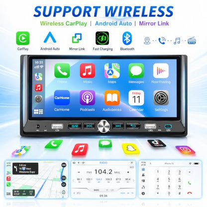 Single Din Car Stereo with Wireless Apple Carplay Android Auto 6.9'' Touchscreen 50W x 4 Output Car Radio bluetoothBackup Camera Mirror Link Navigation USB Type-C Fast Charging FM/AM EQ SWC