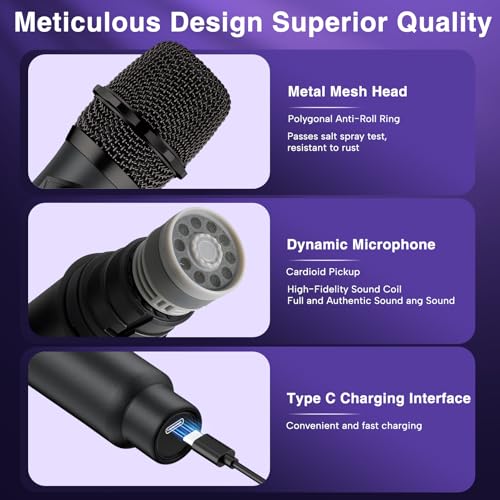 Wireless Microphone,Professional Dual Handheld Cordless Dynamic Mic System with Rechargeable Receiver,Plug & Play,Compatible with karaoke machines and PA systems for Speech,Church,Wedding,DJ,Party