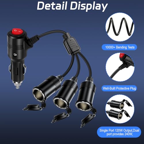 Cigarette Lighter Splitter ， 12v Splitter,Dual Cigarette Lighter adapters for Cars,12V Cigarette Lighter Plug with on/Off Switch, Overload Protection & Extension Cord 15A Fuses (3 Ports) - size: 3 Ports