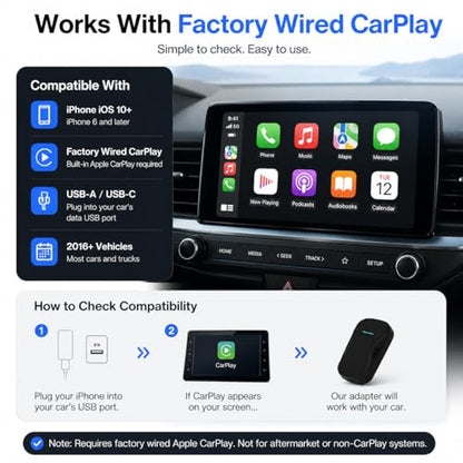 Wireless CarPlay Adapter for iPhone, Converts Wired CarPlay to Wireless, Fast Auto Reconnect, Plug & Play, Stable Low-Latency Connection, Mini Design for OEM Wired CarPlay Cars