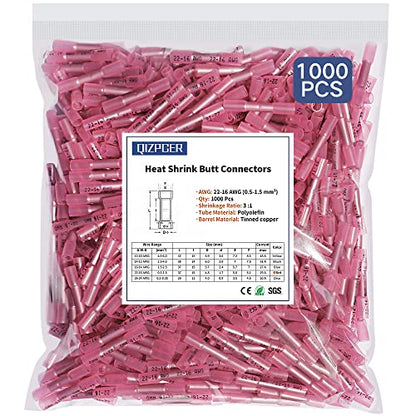 1000 Pcs Heat Shrink Butt Connectors, 22-16 AWG Marine Grade Insulated Crimp Wire Connectors, Waterproof Electrical Connectors Butt Splice for Boat Truck Wiring - size: 22-16 AWG (Red)