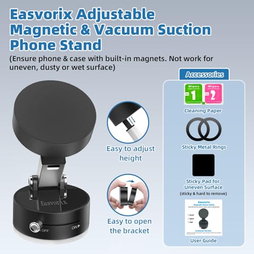 Vacuum Magnetic Phone Holder with Metal Ring Compatible with iPhone 17 All Phone, Portable Universal Collapsible Magnetic Phone Stand for Gym, Car Mount with Windshield Suction Cup - color: Black