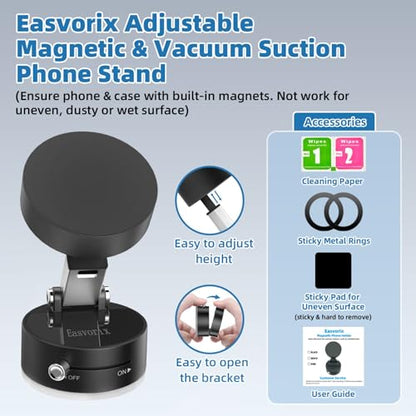 Vacuum Magnetic Phone Holder with Metal Ring Compatible with iPhone 17 All Phone, Portable Universal Collapsible Magnetic Phone Stand for Gym, Car Mount with Windshield Suction Cup - color: Black