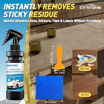 Adhesive Remover, Sticker and Decal Remover Spray, Quickly Removes Glue, Labels and Tape Residue, Safe for Car Paint and Glass, Includes Scraper and Towel, Portable Size-3.4oz/100ml