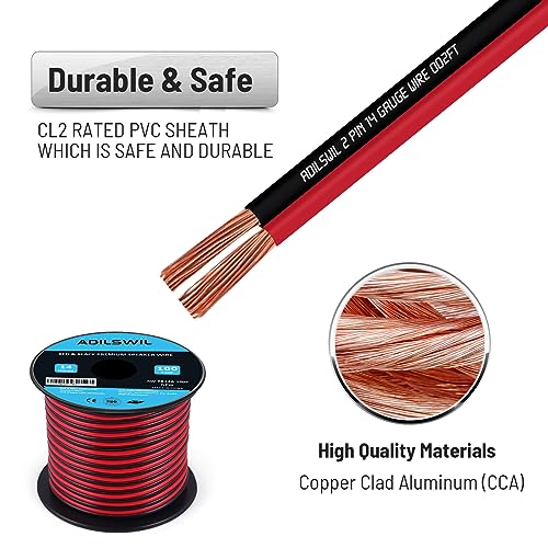 14AWG 100FT Speaker Wire, 2 Conductors Electrical Red Black Cable Hookup LED Lighting Strips Flexible Wire Extension Cord 14 Gauge Copper Clad Aluminum Copper Wire 12V/24V DC Cable - size: 14AWG 100FT CCA