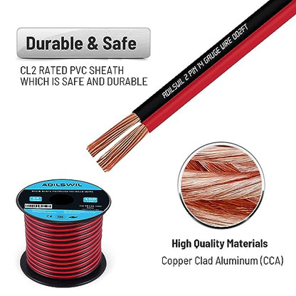 14AWG 100FT Speaker Wire, 2 Conductors Electrical Red Black Cable Hookup LED Lighting Strips Flexible Wire Extension Cord 14 Gauge Copper Clad Aluminum Copper Wire 12V/24V DC Cable - size: 14AWG 100FT CCA