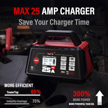 TowerTop 25A Max Pro Battery Charger: 12V Fully Automatic Smart Trickle Charger, Automotive Battery Maintainer with Engine Start, DC Supply, Winter Mode, Recondition,Desulfation, for Lead Acid/Lithium - color: 25A Max Pro