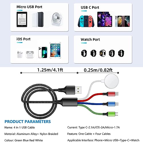 5FT/1.5M Multi Charging Cable for Apple Watch Charger Travel Nylon Braided USB C Micro USB Compatible with iWatch Ultra/SE/10/9/8/7/6/5/4/3/iPhone 16 15 Pro Max/14/13/12/Galaxy Android - size: 5ft