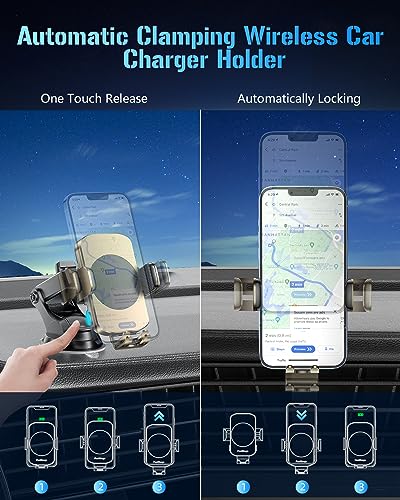 BothLin 3-in-1 Wireless Car Charger Mount, 15W Fast Charging Auto-Clamping Phone Holder for iPhone 17 16 15 14, Samsung Galaxy S24 S23, Dashboard, Vent & Windshield Car Mount - color: Amber Yellow
