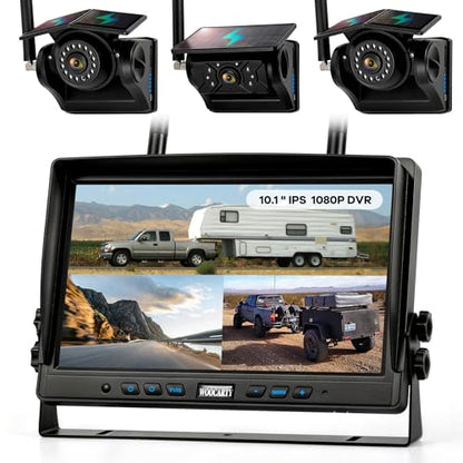 3 Solar Magnetic Wireless Trailer Camera System, 10.1" IPS DVR Screen + Solar Powered Night Vision Rear Camera, 100% No Wiring Waterproof Backup Camera System for RV Truck Trailer Hitch, BT3 - size: 10.1" 3-Cam