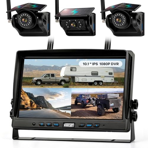 3 Solar Magnetic Wireless Trailer Camera System, 10.1" IPS DVR Screen + Solar Powered Night Vision Rear Camera, 100% No Wiring Waterproof Backup Camera System for RV Truck Trailer Hitch, BT3 - size: 10.1" 3-Cam