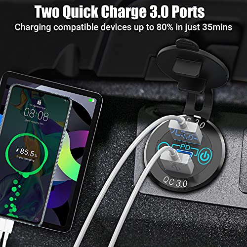 12V USB C Car Charger Socket 2 Pack, Qidoe 56W Aluminum Socket 12V USB Outlet 20W PD3.0 USB-C and Dual QC3.0 Ports with Touch Switch Waterproof DIY USB Port for Car Boat RV Motorcycle Truck Golf Cart