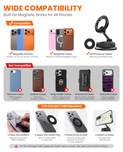 Magnetic Car Phone Holder for Dashboard, MagSafe Car Mount, Nano Gel Suction Car Phone Mount, Foldable Automotive Dashboard Phone Holder, 360° Rotatable for iPhone 17 16 15 14 13 12 Series - color: Black