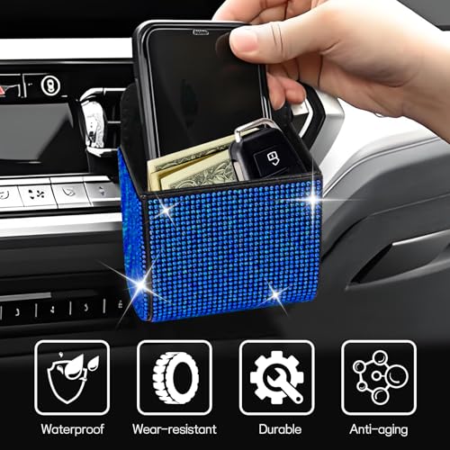 Car Vent Storage Organizer, Rhinestone Car Air Vent Leather Storage Pouch, Bling Automotive Hanging Bag Pocket Case, Universal Auto Mount Cell Phone Sunglasses Coin Holder (Blue) - color: Blue