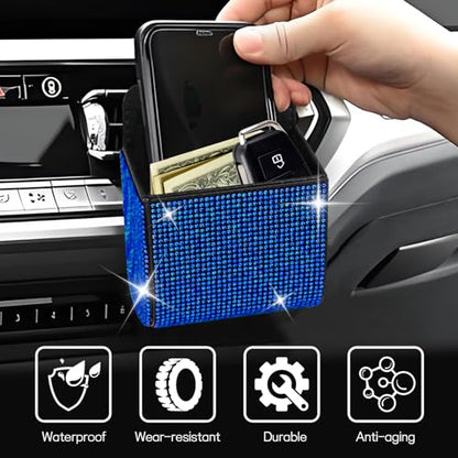 Car Vent Storage Organizer, Rhinestone Car Air Vent Leather Storage Pouch, Bling Automotive Hanging Bag Pocket Case, Universal Auto Mount Cell Phone Sunglasses Coin Holder (Blue) - color: Blue