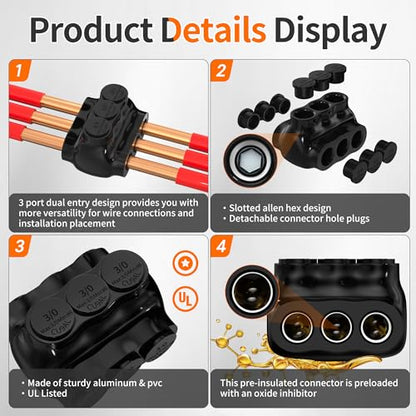 Joinfworld 3 Port Insulated Multi Tap Connector 3/0-6 Gauge Wire Connectors Aluminum to Copper Wire Connectors Dual Entry Black Electrical Cable Connectors with Slotted Allen Hex - 6 Pack - size: 3/0-6 AWG