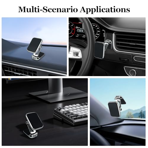 wuyaoyao Magnetic Phone Holder for Car, Foldable Retractable Automotive Cellphone Holder with Super Strong Magnets, Hands Free 360° Adjustable Phone Mount Fits All Smartphones for Car Home (Silver)