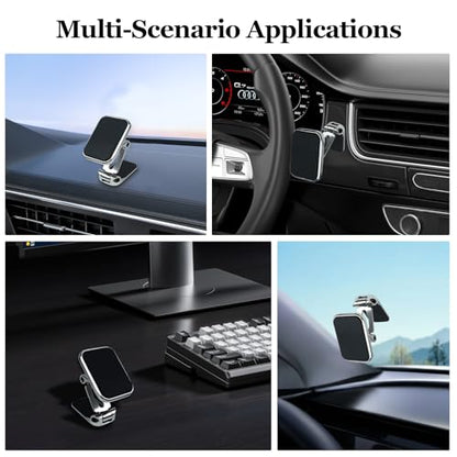 wuyaoyao Magnetic Phone Holder for Car, Foldable Retractable Automotive Cellphone Holder with Super Strong Magnets, Hands Free 360° Adjustable Phone Mount Fits All Smartphones for Car Home (Silver)