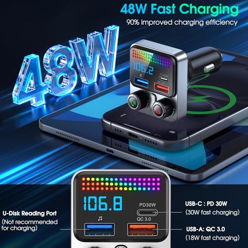 Bluetooth 5.4 Car Adapter 48W Charging USB Bluetooth Adapter for Car,Wireless Fm Transmitter Radio,Song Switching,Handsfree Calling and Audio Receiver,HiFi Music Player,Matrix LED Effects - color: Matte Black-48W