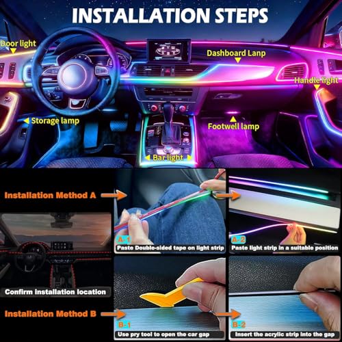Dreamcolor Acrylic Interior Car LED Strip Light with APP Remote Control,RGB 10 in 1 with 175 inches 593 LEDs Fiber Optic Strip Lights for Car, Dynamic Chasing Music Sync Neon Car Ambient Lighting Kits