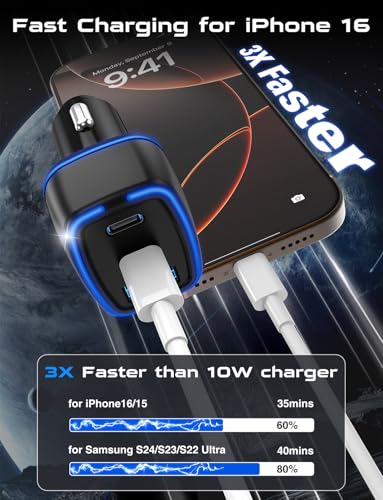 USB C Car Charger, 3 Port PD Super Mini Cigarette Lighter Adapter, 2Pack USB-C & A Fast Car Charging for iPhone 16/15 Pro Max, Galaxy S25/S24, iPad, Pixel, Android Phones,Travel Essentials for Men - color: Black