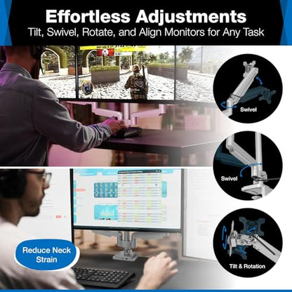 Mount-It! Triple Monitor Mount with Gas Spring Arms, Fits 24–32 Inch Screens, USB & Audio Ports, Full Motion Desk Stand with Tilt, Swivel & Rotation, Heavy Duty Silver 3 Screen Arm with Clamp - color: Silver