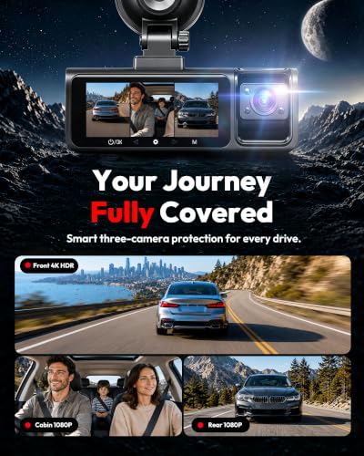 3 Channel 5G WiFi Dash Cam, 4K+1080P+1080P Dash Cam Front and Rear with 64GB Card, Dash Camera for Car with HDR IR Night Vision, G-Sensor, 24/7 Parking Mode, WDR, Support 128GB Max - Silver