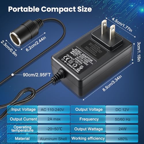 2팩 110V AC - DC 12V 컨버터 2A 24W, 벽 플러그 110‑240V에 담배 라이터 어댑터, 자동차 팬 및 저전력 장치용 가정용 자동차 전원 공급 어댑터 (진공 청소기, 에어 펌프, 팽창기용이 아님) - size: 12V2A 24W 2Pack