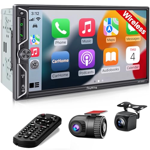 SJoyBring [QLED Screen Upgrade] 7" Double Din Car Stereo with Dash Cam, Wireless Apple CarPlay and Android Auto, Bluetooth, 240W 4.2-Channel Audio Output, MirrorLink, Backup Camera, AM/FM Car Radio - color: Black W021 with Dash Cam