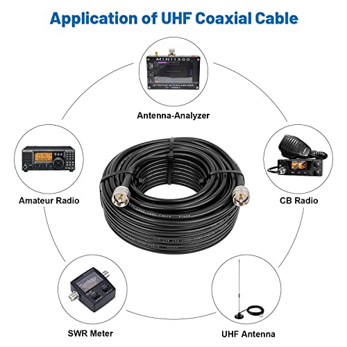 MOOKEERF RG8x Coaxial Cable 100ft,CB Coax Cable 50 Ohm,UHF PL259 Male to Male Low Loss CB Antenna Extension for HAM Radio,VHF Radio,SWR Meter,Dummy Load,Antenna Analyzer - size: 100FT