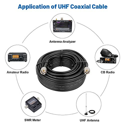 MOOKEERF RG8x Coaxial Cable 100ft,CB Coax Cable 50 Ohm,UHF PL259 Male to Male Low Loss CB Antenna Extension for HAM Radio,VHF Radio,SWR Meter,Dummy Load,Antenna Analyzer - size: 100FT
