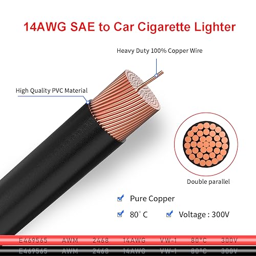 ELFCULB SAE to 12V Cigarette Lighter Male Plug Cable 14AWG 20FT for RV - color: SAE to PLUG, size: 20FT