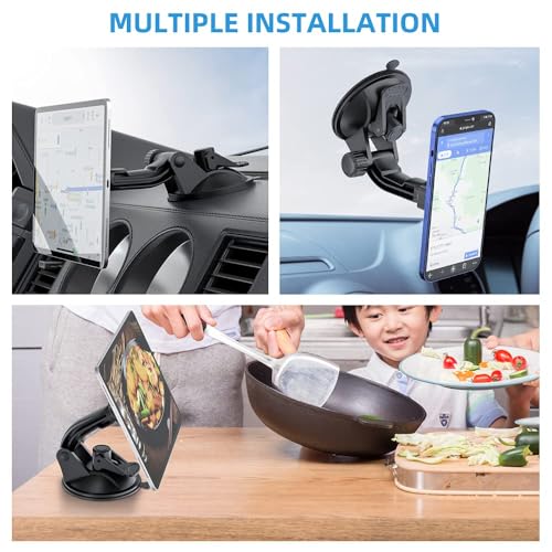 OHLPRO Dashboard Magnetic Tablet Holder for Car, Windshield iPad Car Phone Suction Cup Mount with Magnets, for All 6"-11" Apple Phones iPad Samsung Galaxy Tab Tablet, 360° Rotation, Black - size: Fit for tablets