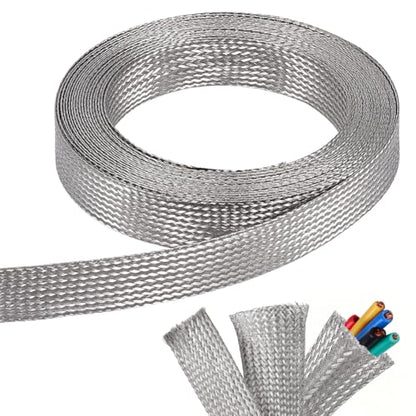 NBEADS 19.68ft 304 Stainless Steel Braided Cable Sleeve, 0.78 Inch Wide Stainless Steel Color Flat Tinned Braided Ground Wire Mesh, Flexible Shielding Sleeve for Cables - size: 19.68ft X 0.78 Inch