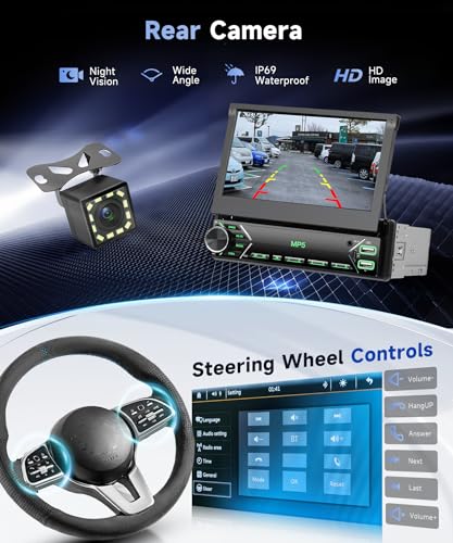 Single Din Flip Out Car Radio with Bluetooth iOS/Android Mirror Link,7 Inch Touch Screen Car Stereo 1 Din with Backup Camera Bluetooth Hands-Free FM Radio USB EQ AUX TF Steering Wheel Control - style: Manual Retractable Screen with Mirror Link