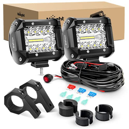 Nilight 2PC 4Inch Triple Row Led Light Pods 60W Flood Spot Combo 6000LM 2Pcs 6.5 Inch 120W Triple Row Light Bar Flood Spot Combo 12000LM Driving Boat Off Road Trucks Lights 2 Years Warranty (ZH042) - color: Led Pods+ Wiring +Tube Clamp
