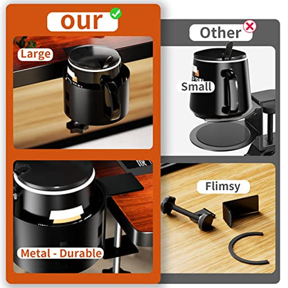 OOKUU Upgraded Large Desk Cup Holder Clamp, Anti-Spill Table Cup Holder, Metal Office & PC Gaming Desk Accessories, Compatible with Universal Cup, Bottles, Pencil Holder (Black) - color: Black, size: 3.95 inch