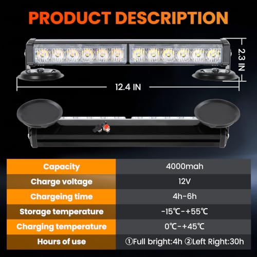 Amber/White Wireless Emergency Lights Bar for Trucks, Vehicles