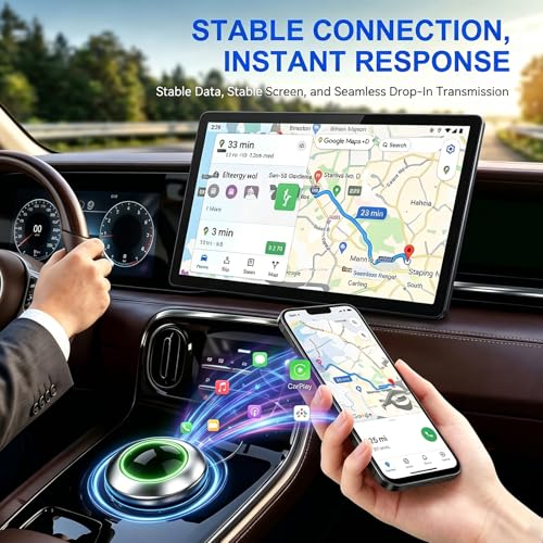 UFO-Shaped Wireless CarPlay Adapter, Plug-and-Play converts Original Wired CarPlay to Wireless. Compatible with iPhone and Android Phones, Equipped with Cool Light Strip, Stable and Durable.