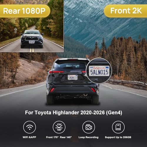Fitcamx Front 2K+Rear 1080P Dash Cam Adapts for Toyota Highlander 2020-2026 & Highlander Hybrid (Gen4/UX70), OEM Style, Dual HD Video, WiFi & APP, Loop Recording, G-Sensor, Easy to Set, 64GB Card - style: Front 2K+Rear 1080P