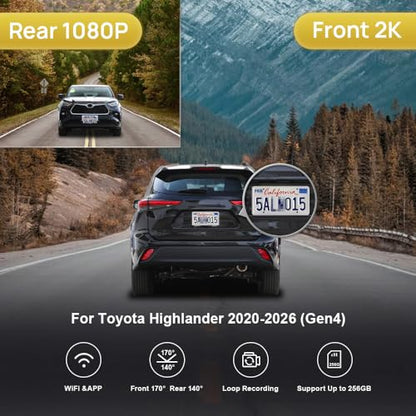 Fitcamx Front 2K+Rear 1080P Dash Cam Adapts for Toyota Highlander 2020-2026 & Highlander Hybrid (Gen4/UX70), OEM Style, Dual HD Video, WiFi & APP, Loop Recording, G-Sensor, Easy to Set, 64GB Card - style: Front 2K+Rear 1080P